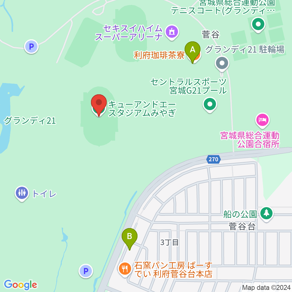 キューアンドエースタジアムみやぎ周辺のカフェ一覧地図