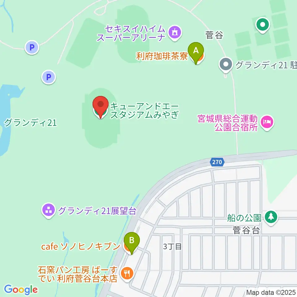 キューアンドエースタジアムみやぎ周辺のカフェ一覧地図