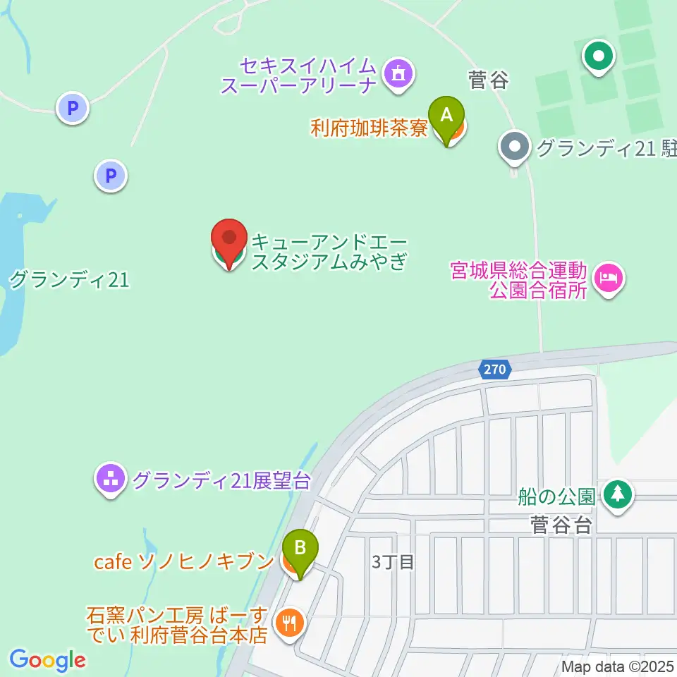 キューアンドエースタジアムみやぎ周辺のカフェ一覧地図