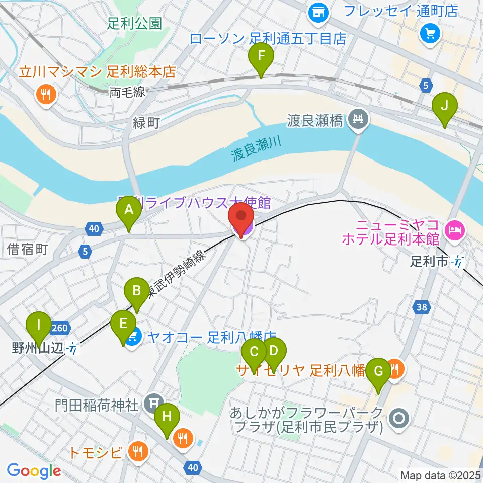 足利ライブハウス大使館周辺のカフェ一覧地図