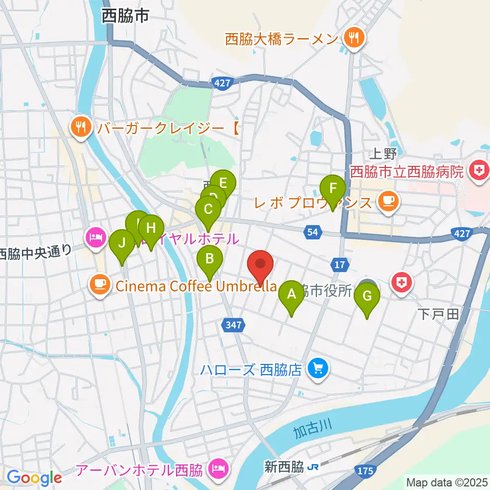 岡本ピアノ工房周辺のカフェ一覧地図