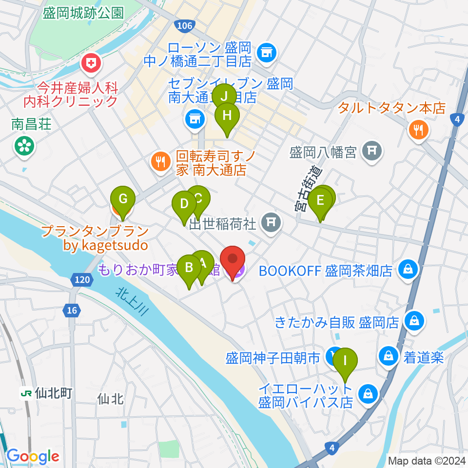 もりおか町家物語館 浜藤ホール周辺のカフェ一覧地図