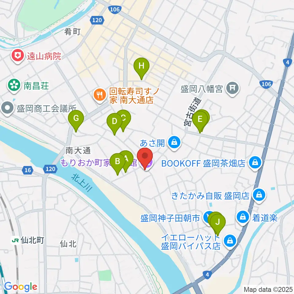 もりおか町家物語館 浜藤ホール周辺のカフェ一覧地図