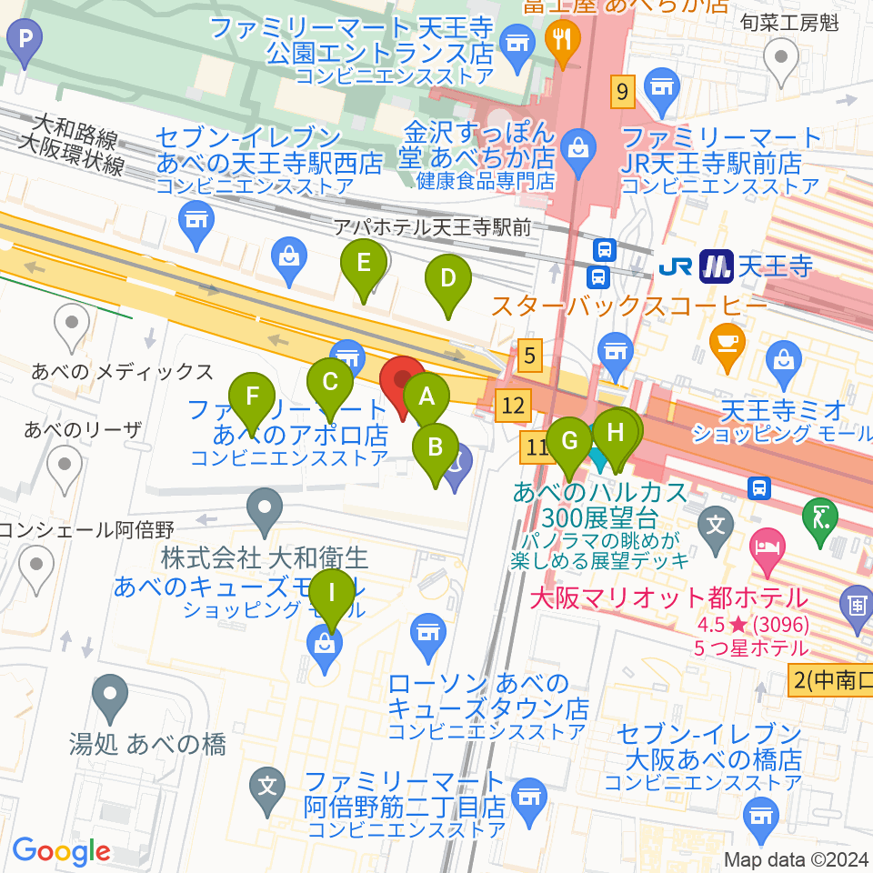 ワタナベ楽器店 アベノミュージックセンター周辺のカフェ一覧地図