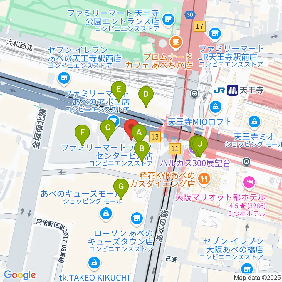ワタナベ楽器店 アベノミュージックセンター周辺のカフェ一覧地図