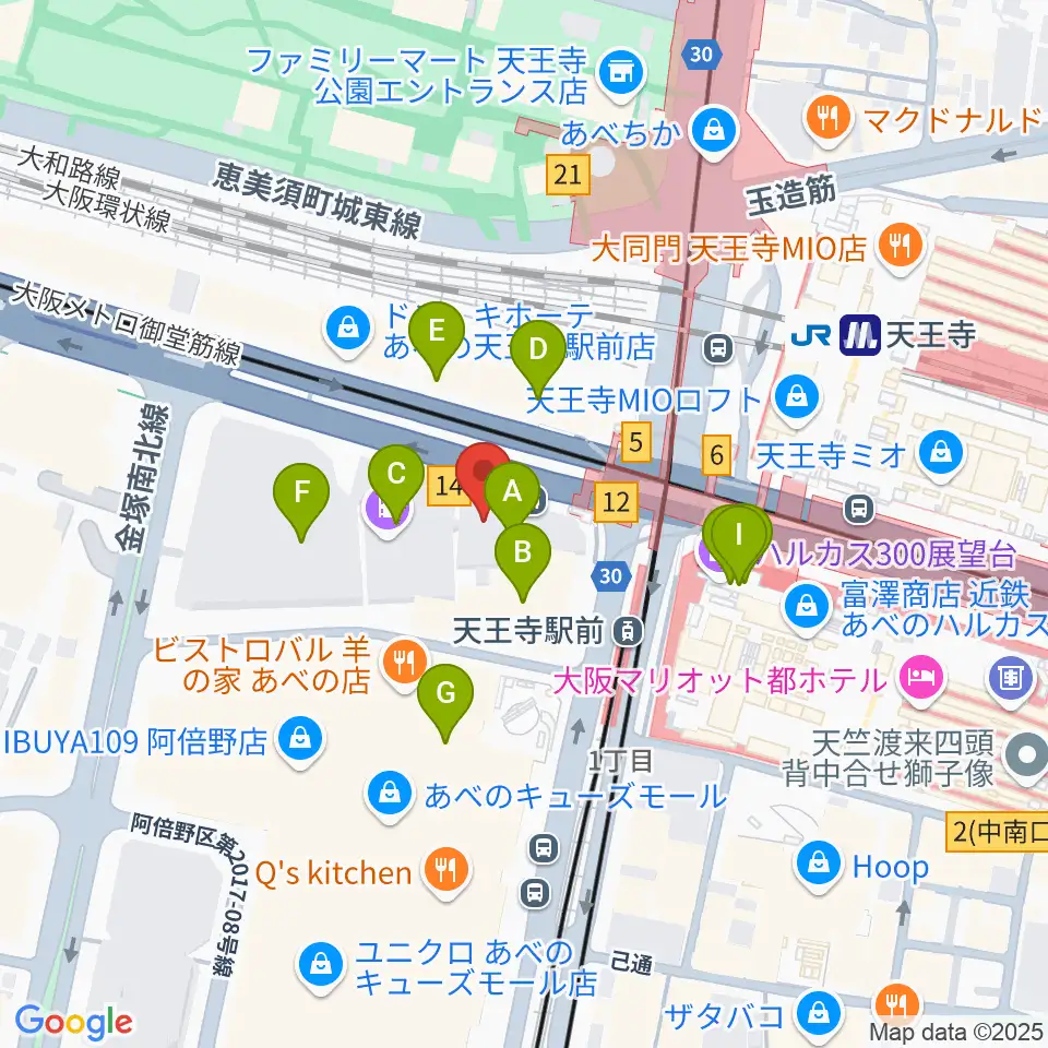 ワタナベ楽器店 アベノミュージックセンター周辺のカフェ一覧地図
