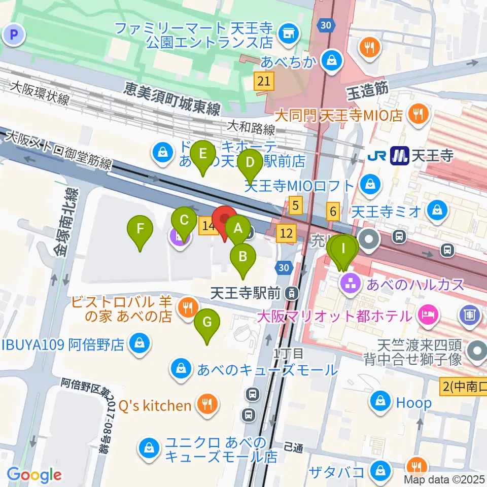 ワタナベ楽器店 アベノミュージックセンター周辺のカフェ一覧地図