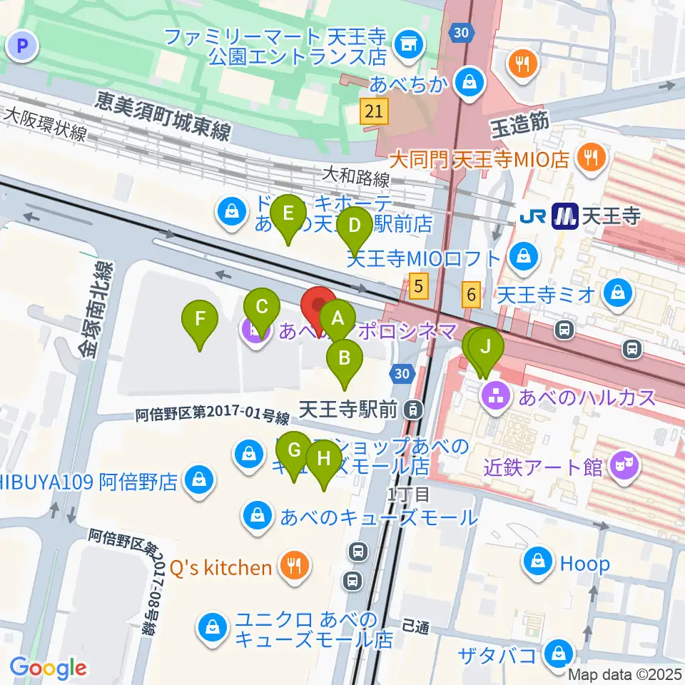 ワタナベ楽器店 アベノミュージックセンター周辺のカフェ一覧地図