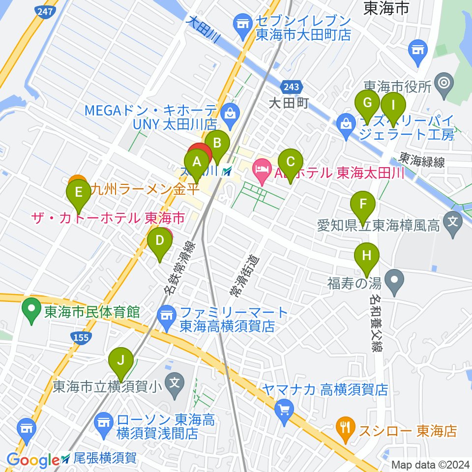 東海市芸術劇場周辺のカフェ一覧地図