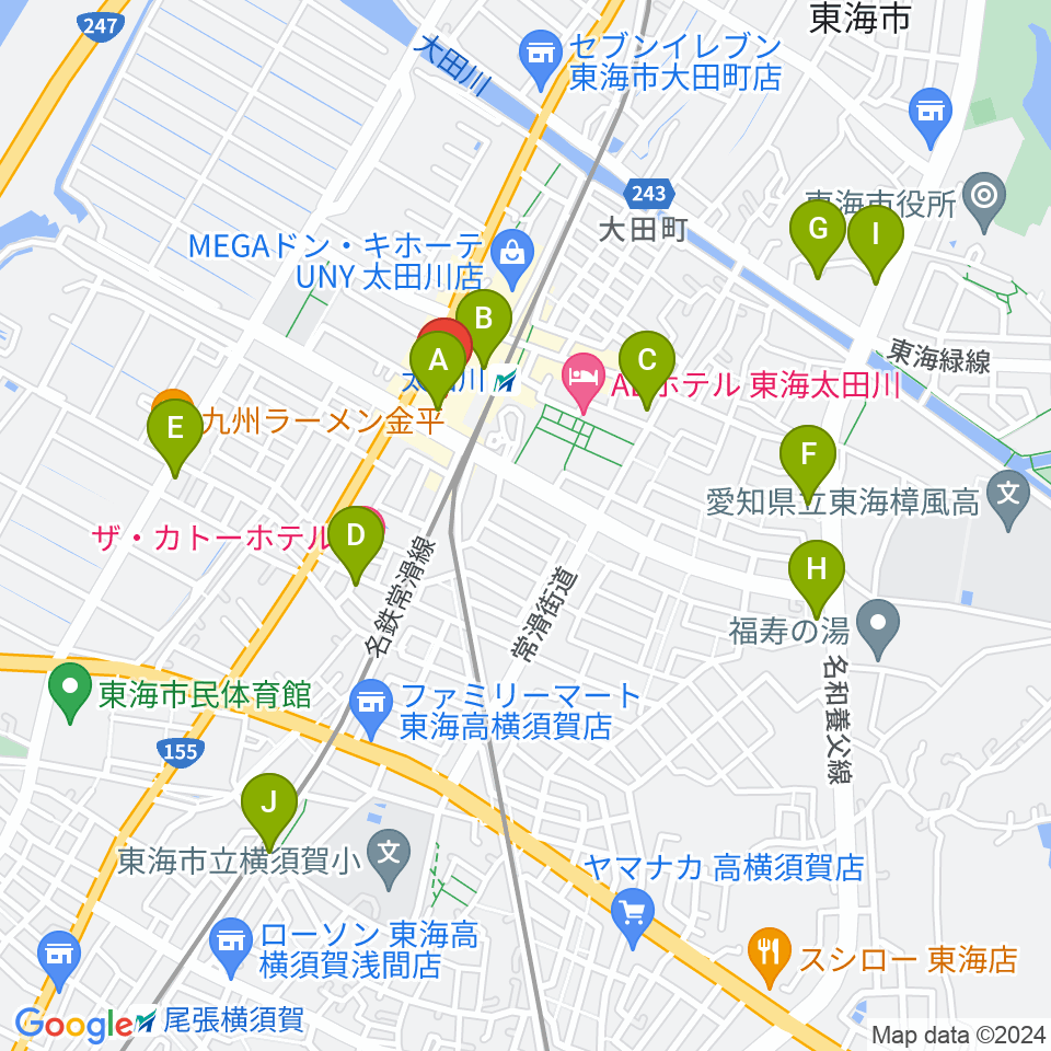 東海市芸術劇場周辺のカフェ一覧地図