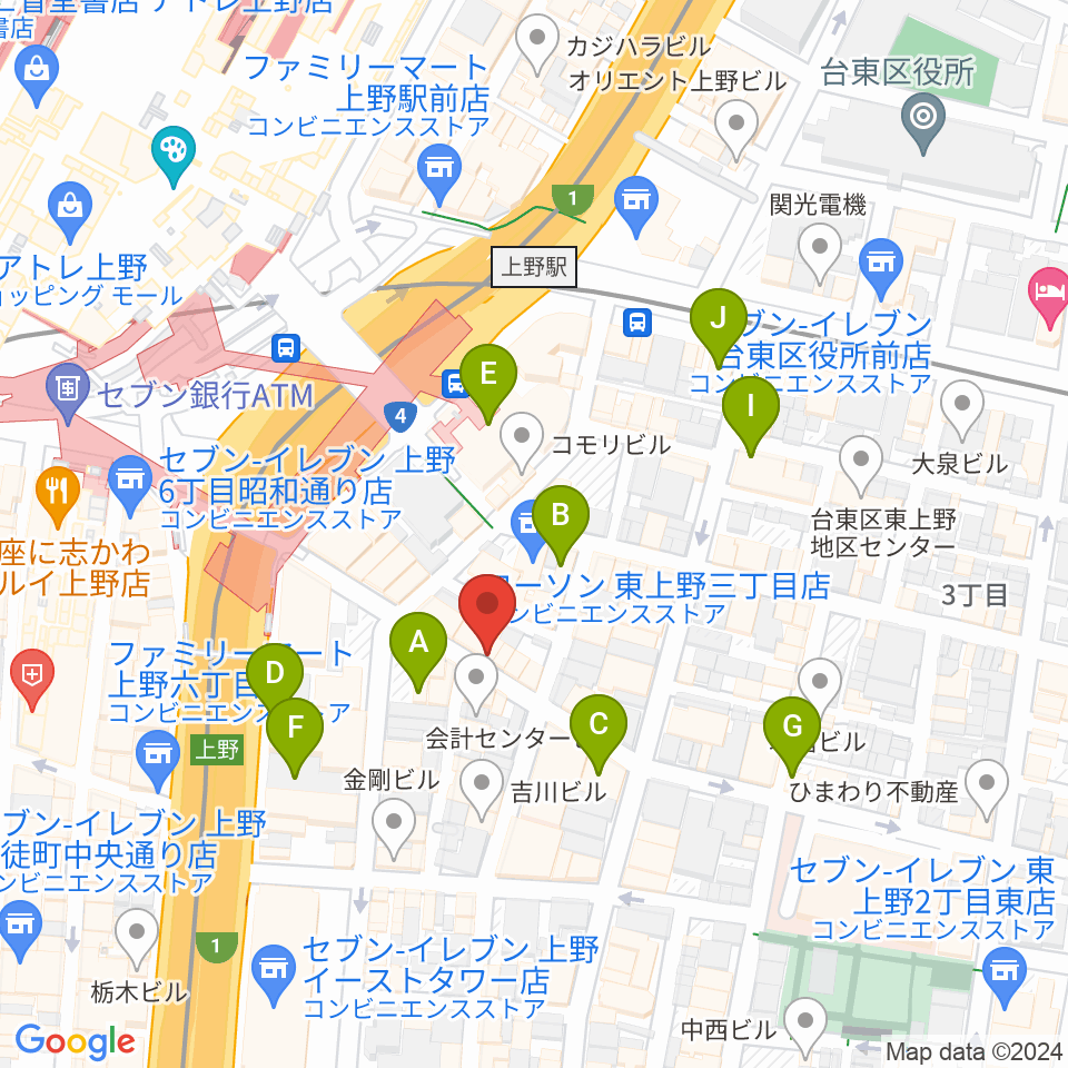 上野音横丁周辺のカフェ一覧地図