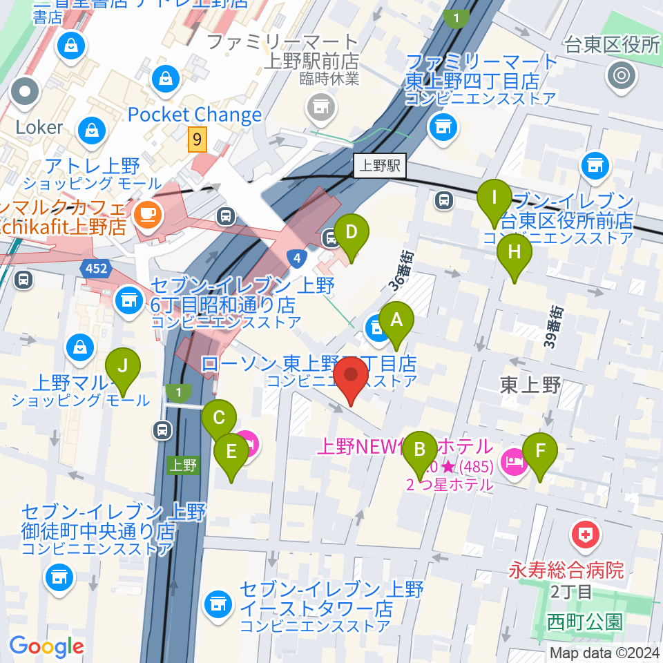 上野音横丁周辺のカフェ一覧地図