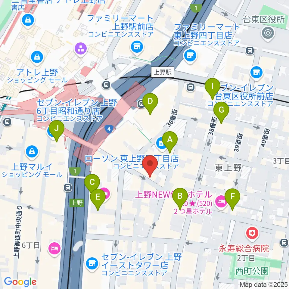 上野音横丁周辺のカフェ一覧地図