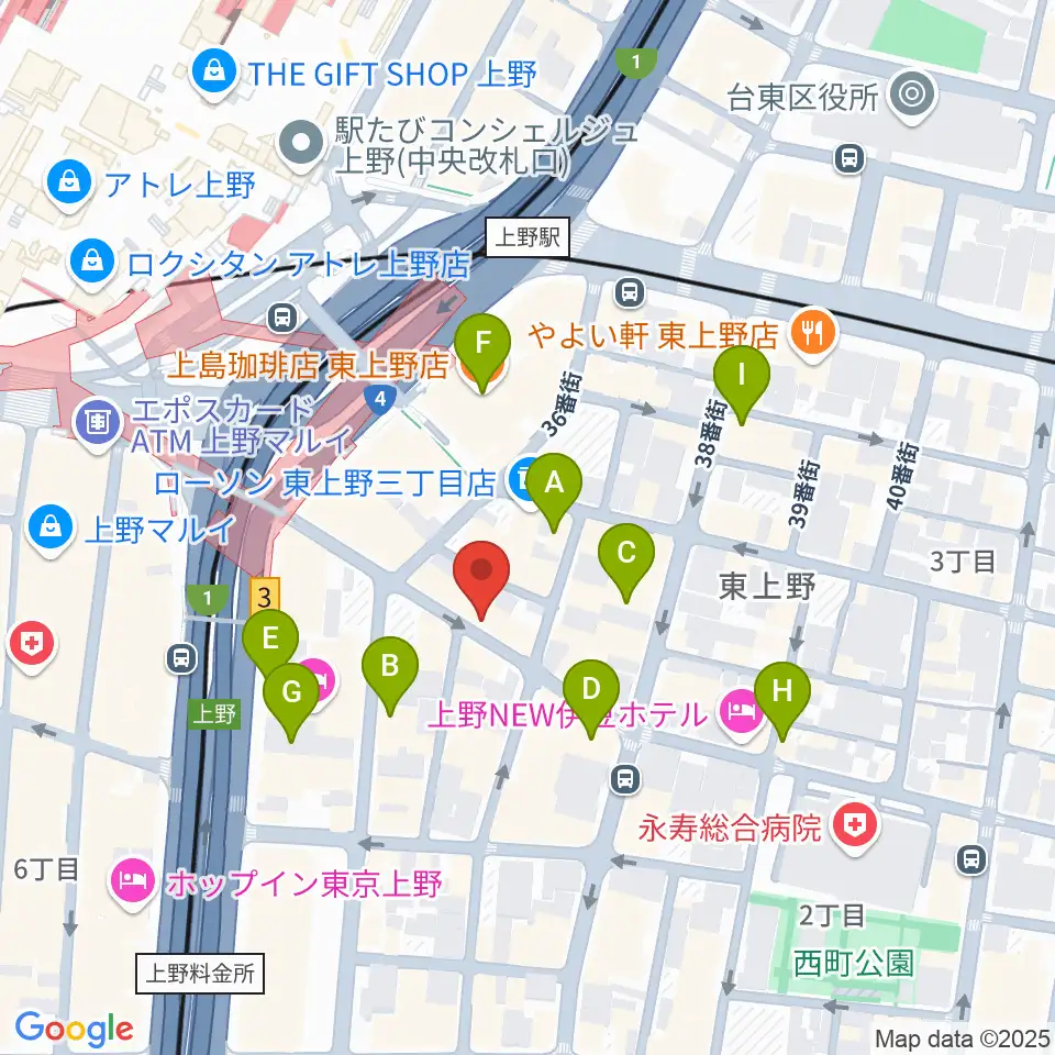 上野音横丁周辺のカフェ一覧地図