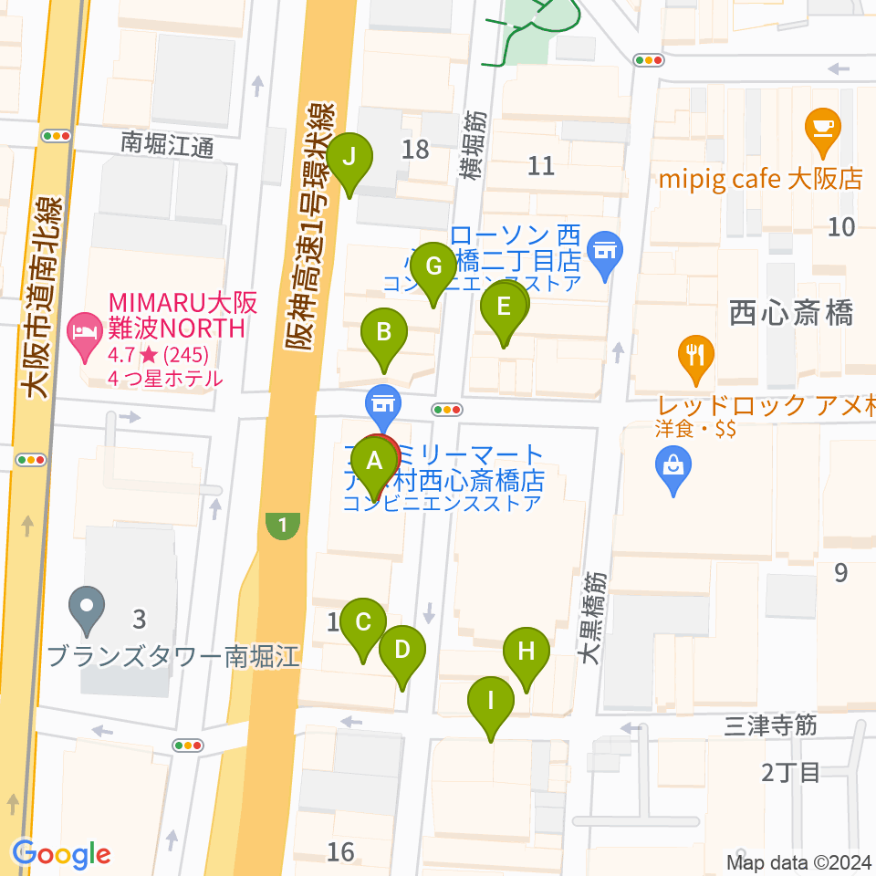 ゴースト大阪周辺のカフェ一覧地図