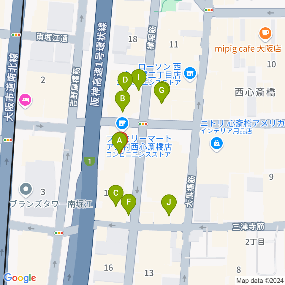 ゴースト大阪周辺のカフェ一覧地図