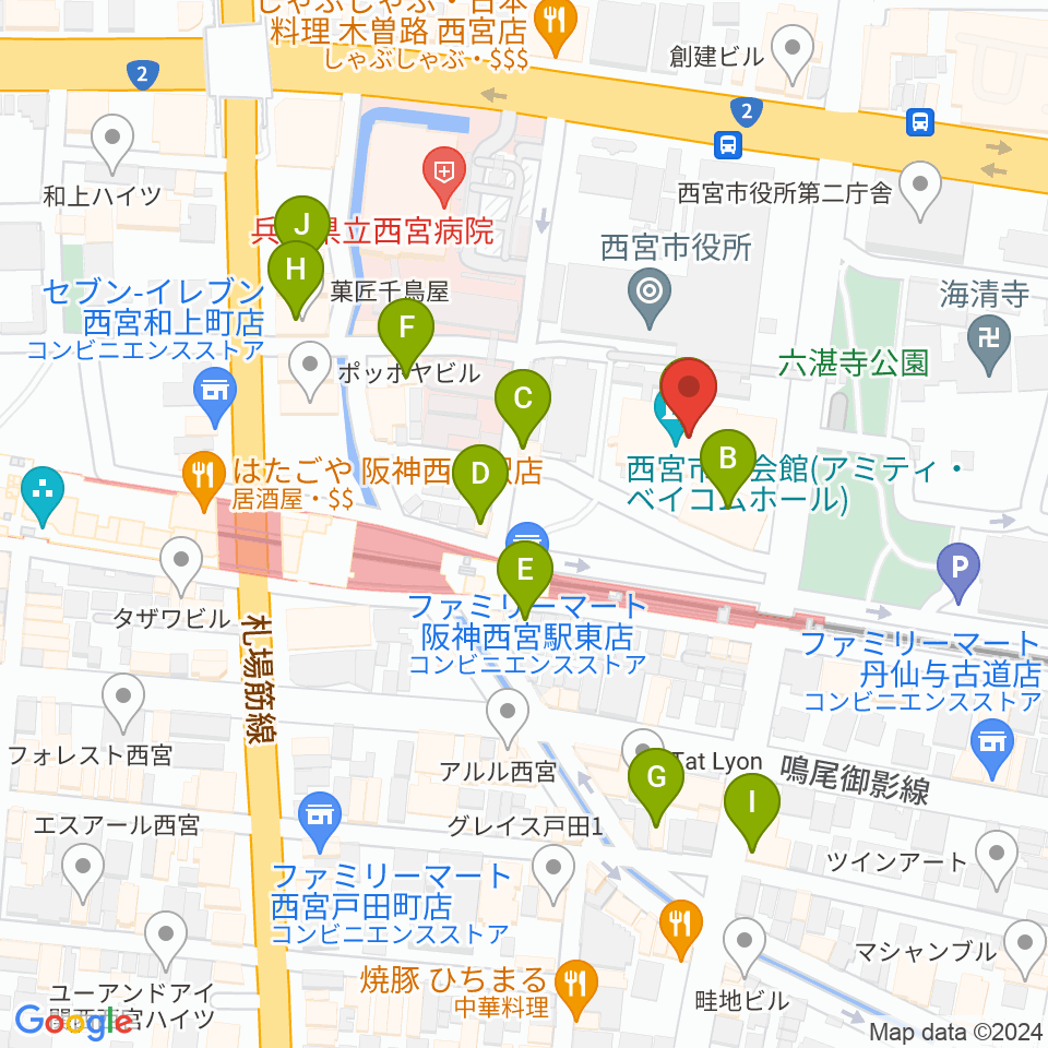 西宮市民会館アミティ・ベイコムホール周辺のカフェ一覧地図