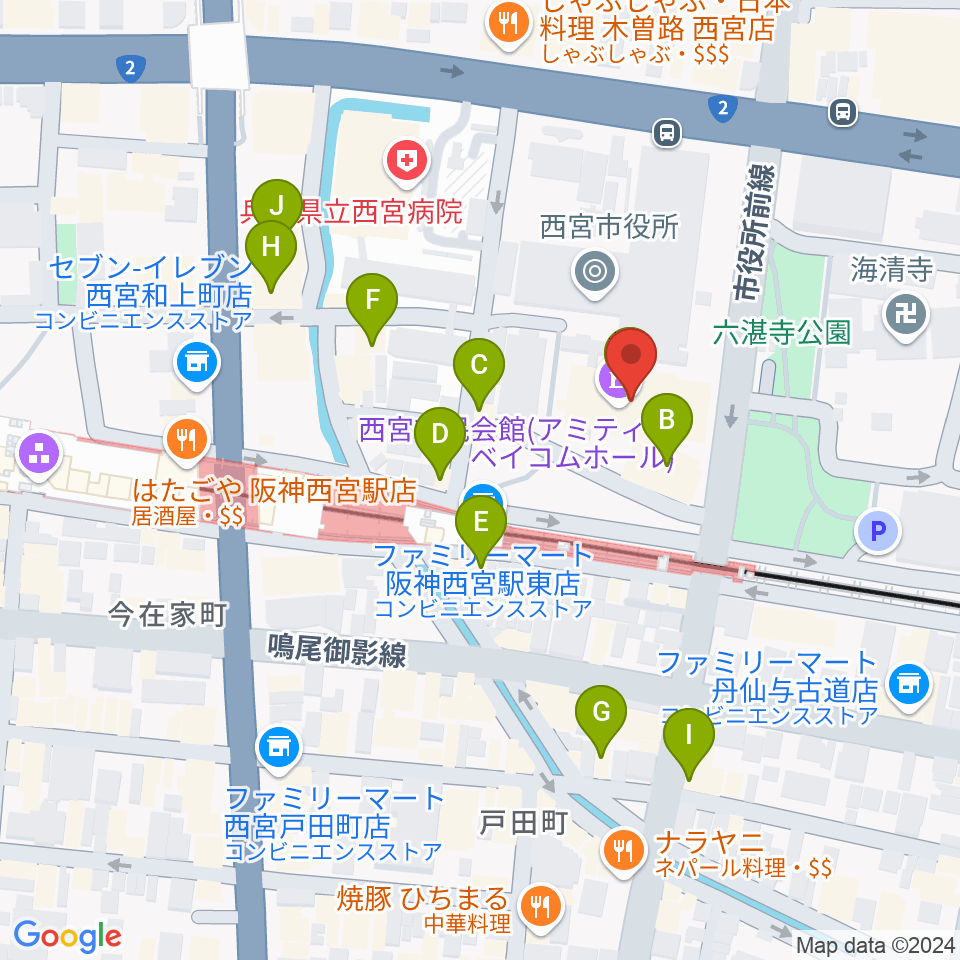 西宮市民会館アミティ・ベイコムホール周辺のカフェ一覧地図