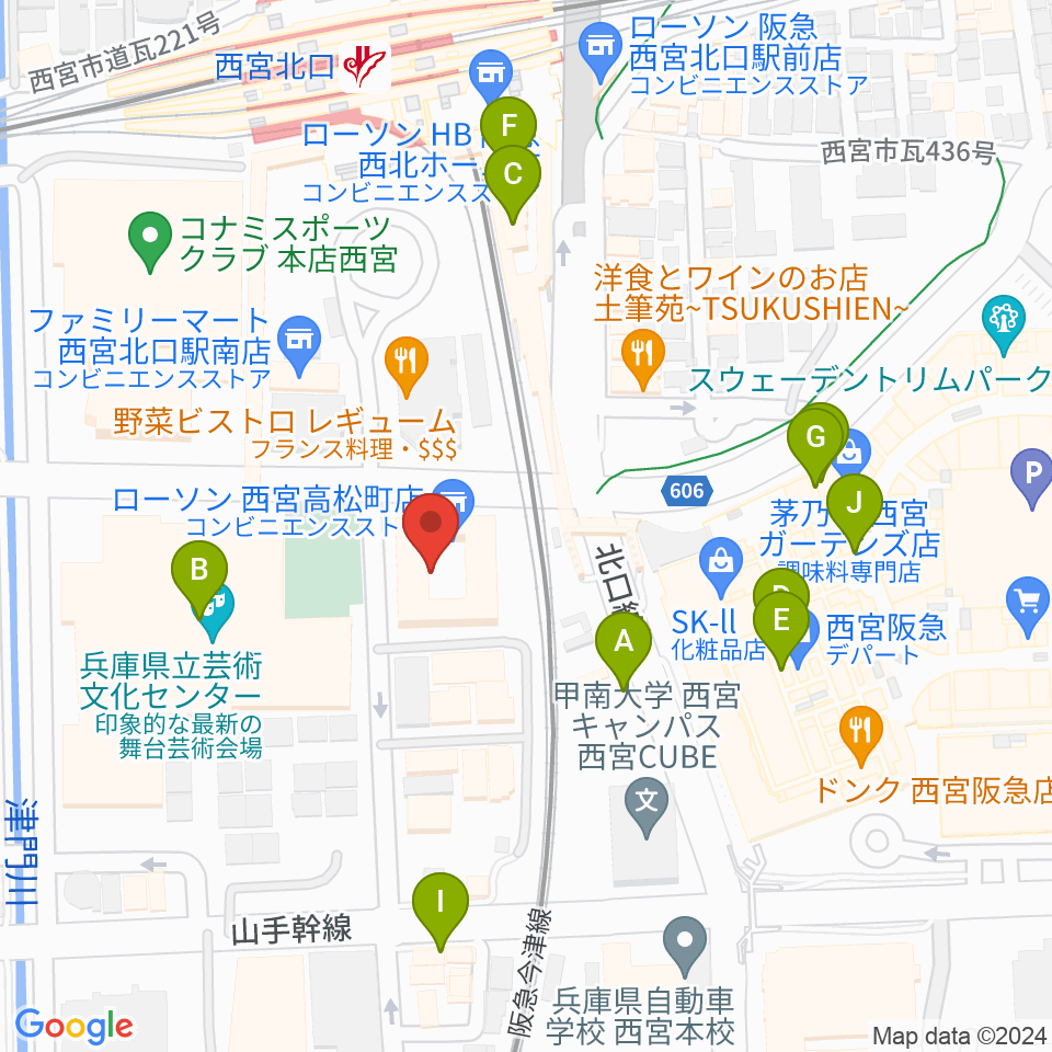 西宮市プレラホール周辺のカフェ一覧地図