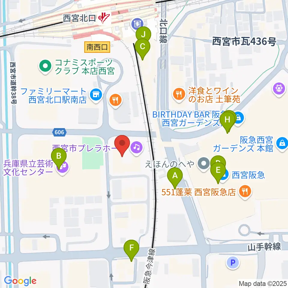 西宮市プレラホール周辺のカフェ一覧地図