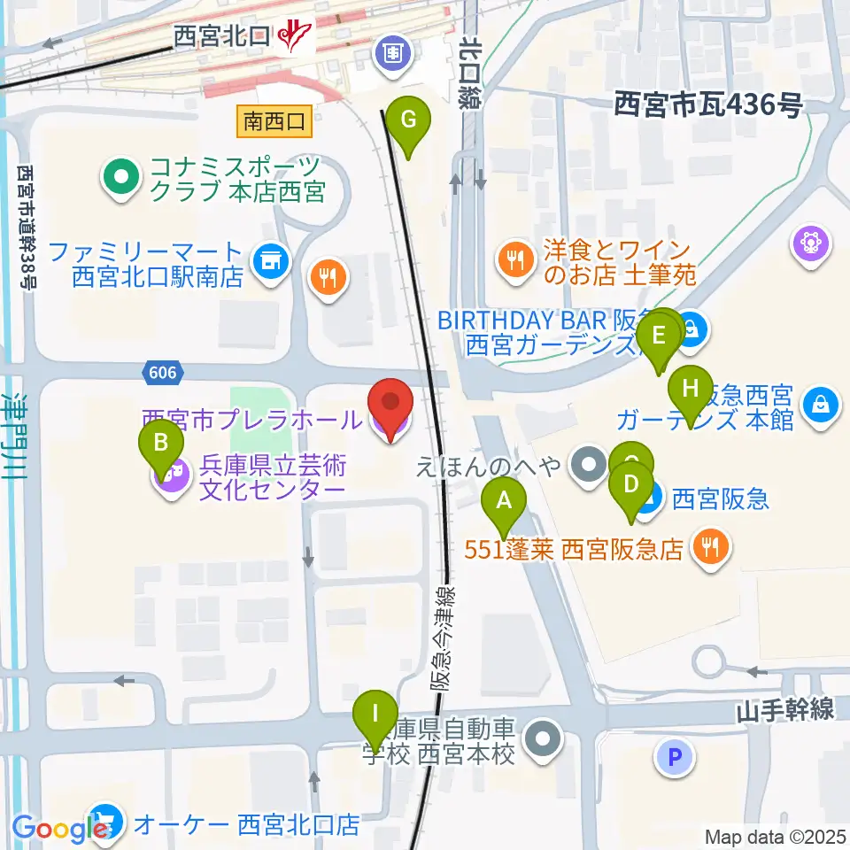 西宮市プレラホール周辺のカフェ一覧地図