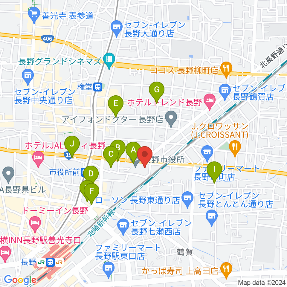 長野市芸術館周辺のカフェ一覧地図