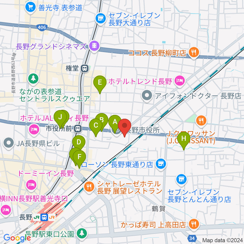 長野市芸術館周辺のカフェ一覧地図