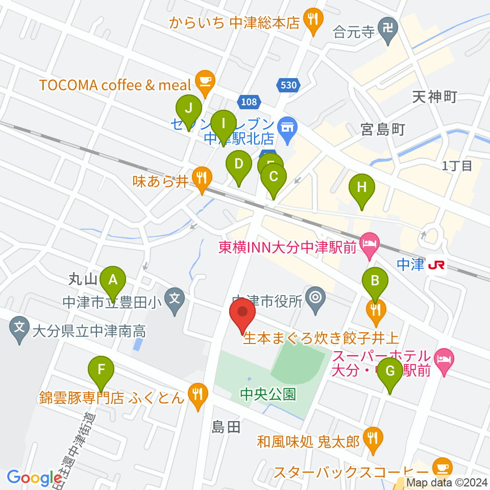 中津文化会館周辺のカフェ一覧地図