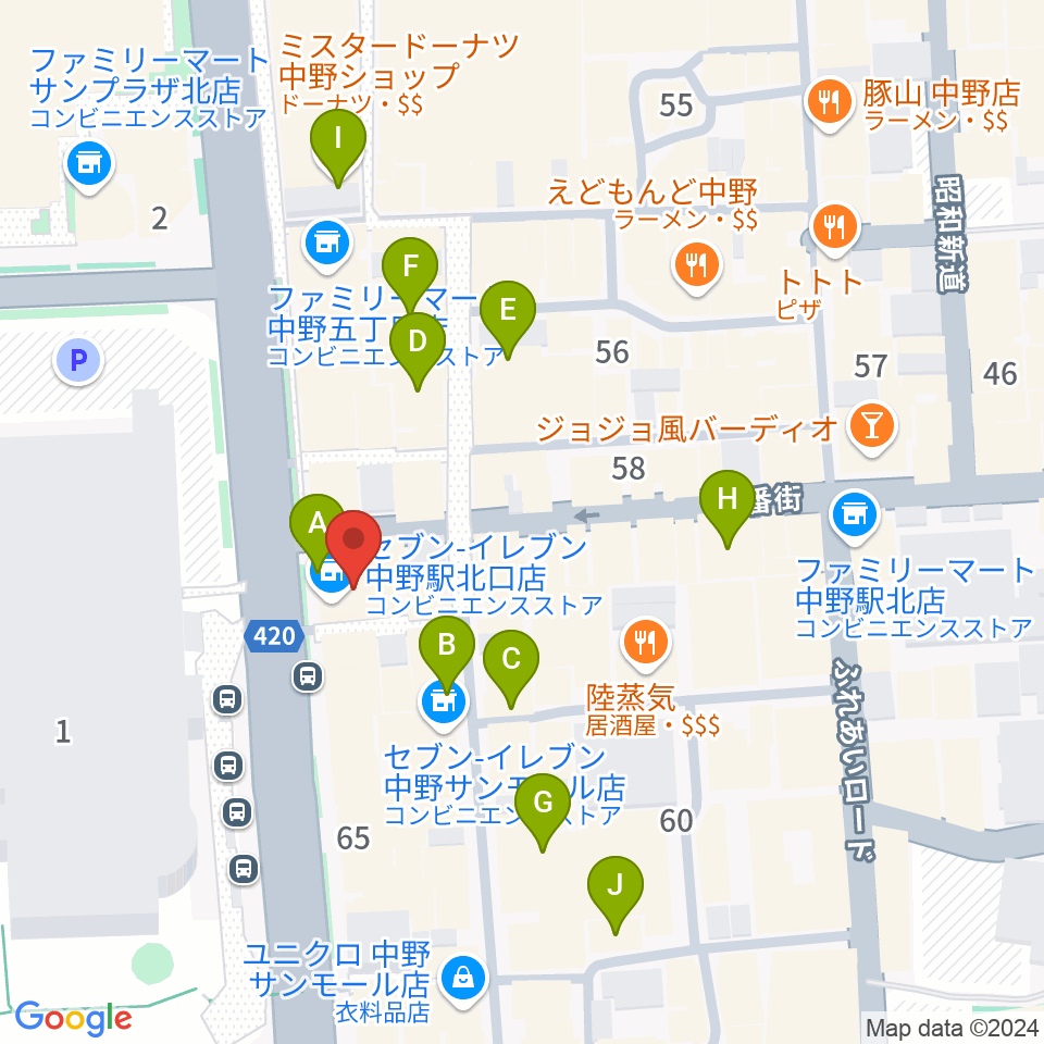 レア中野店周辺のカフェ一覧地図