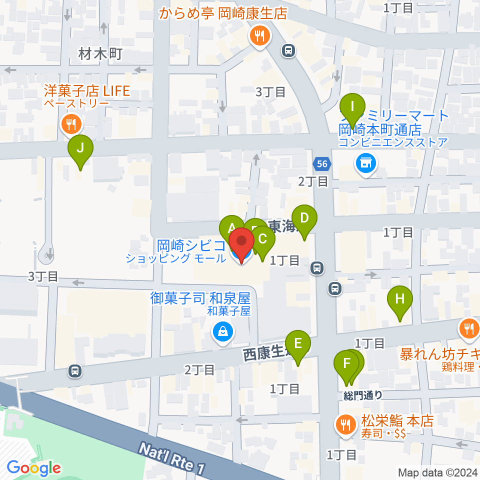 バナナレコード岡崎シビコ店周辺のカフェ一覧地図