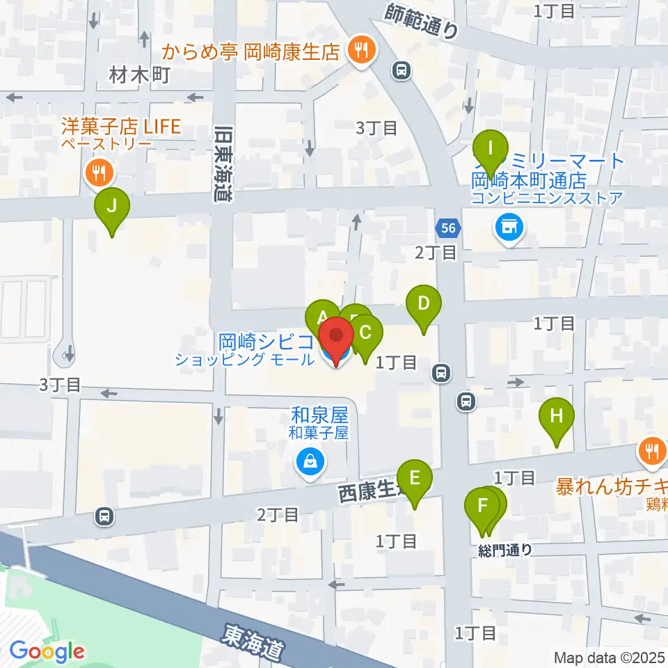 バナナレコード岡崎シビコ店周辺のカフェ一覧地図