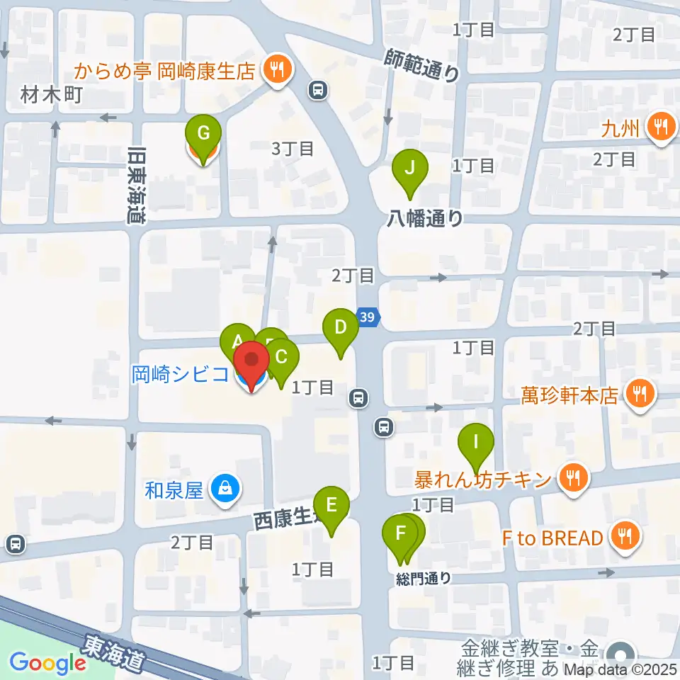 バナナレコード岡崎シビコ店周辺のカフェ一覧地図