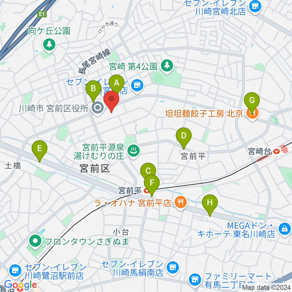 川崎市宮前市民館周辺のカフェ一覧地図