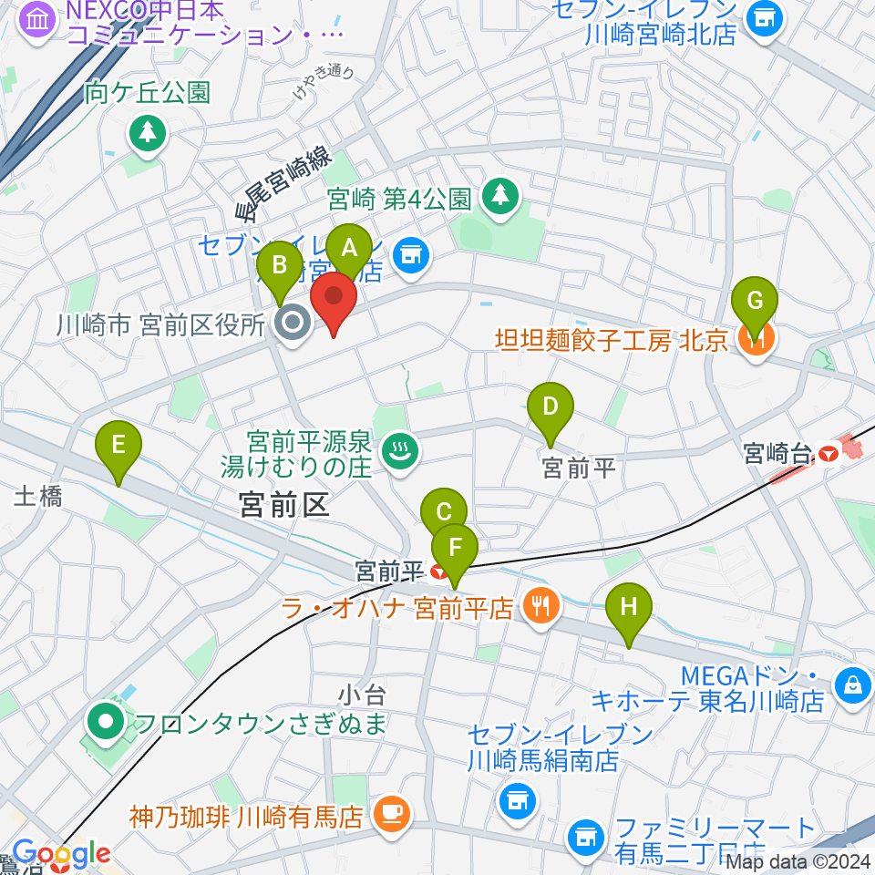 川崎市宮前市民館周辺のカフェ一覧地図