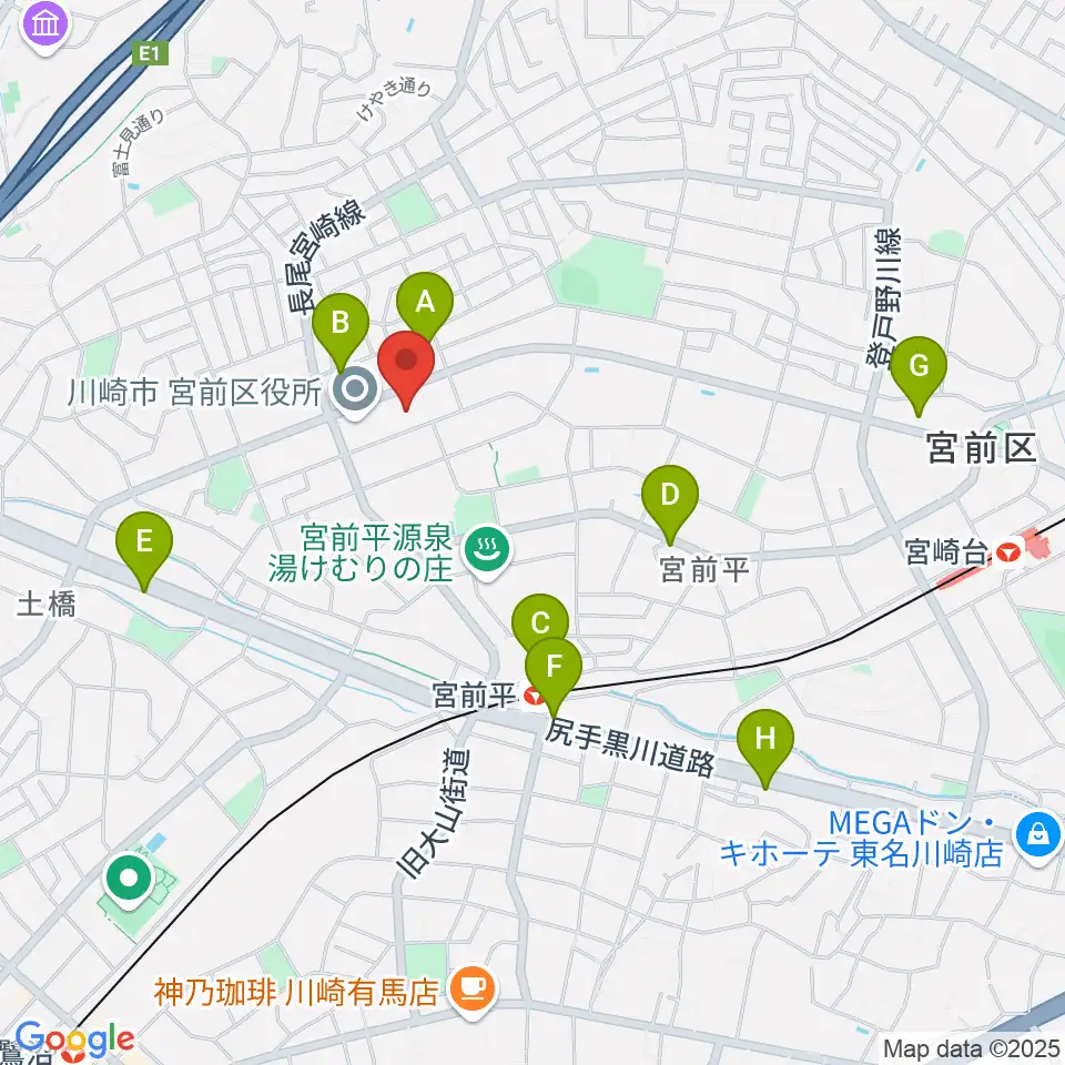 川崎市宮前市民館周辺のカフェ一覧地図