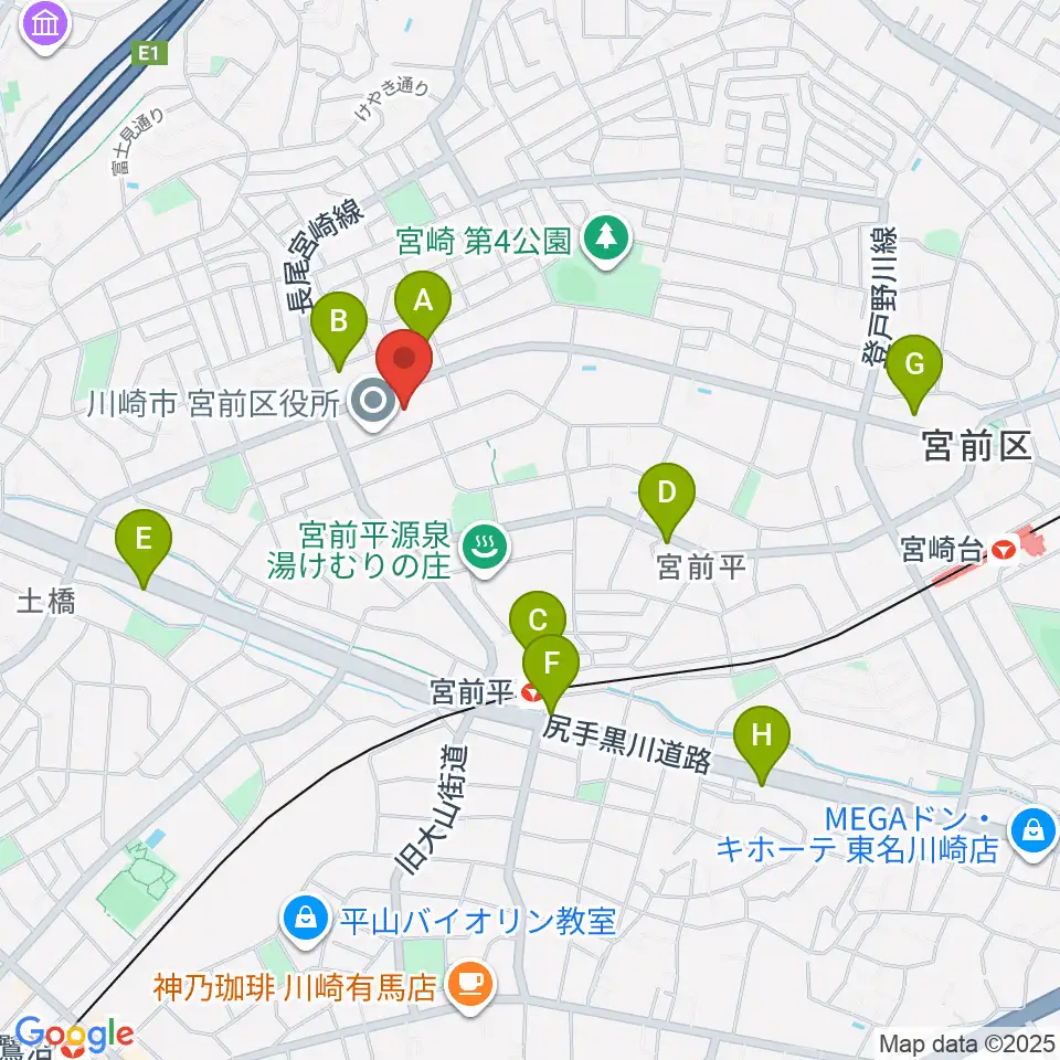 川崎市宮前市民館周辺のカフェ一覧地図