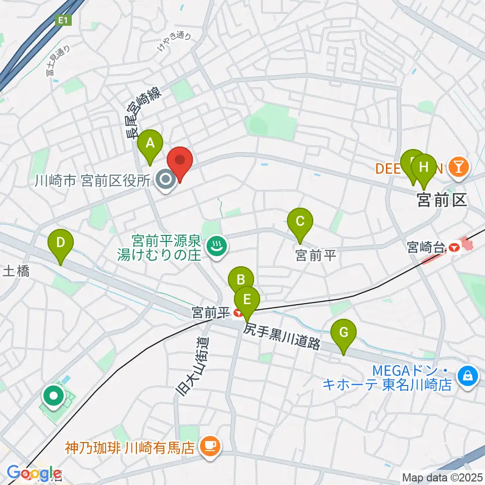 川崎市宮前市民館周辺のカフェ一覧地図