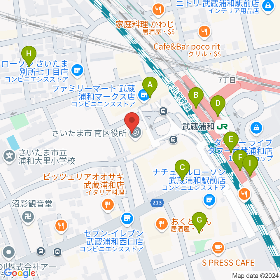 武蔵浦和コミュニティセンター周辺のカフェ一覧地図