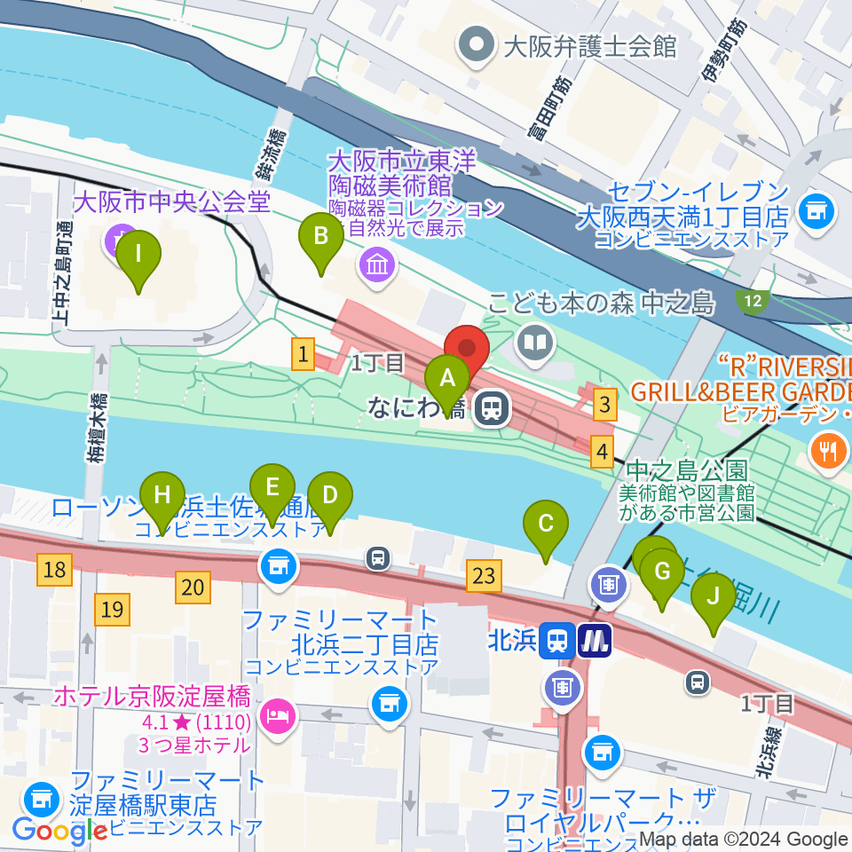 京阪電車なにわ橋駅 アートエリアB1周辺のカフェ一覧地図