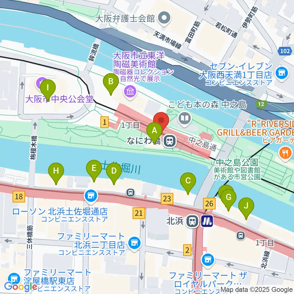 京阪電車なにわ橋駅 アートエリアB1周辺のカフェ一覧地図