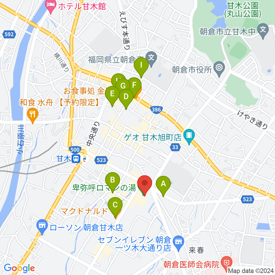 ピーポート甘木（朝倉市総合市民センター）周辺のカフェ一覧地図