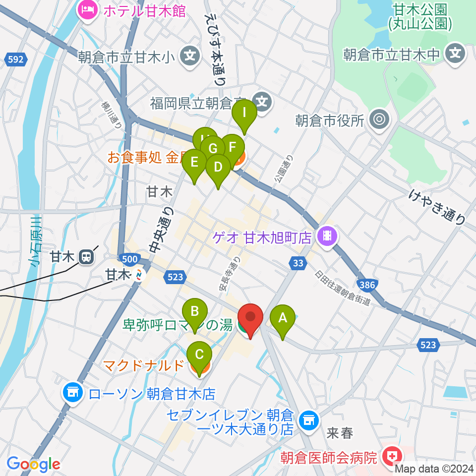 ピーポート甘木（朝倉市総合市民センター）周辺のカフェ一覧地図