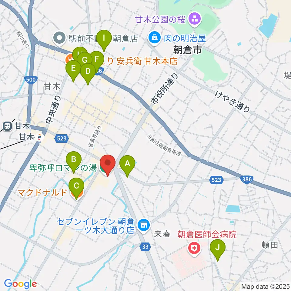 ピーポート甘木(朝倉市総合市民センター)周辺のカフェ一覧地図