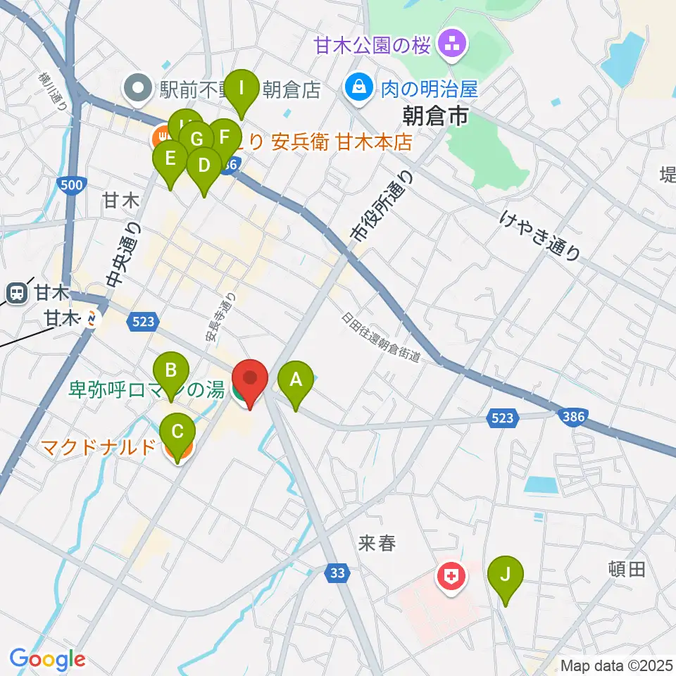 ピーポート甘木(朝倉市総合市民センター)周辺のカフェ一覧地図