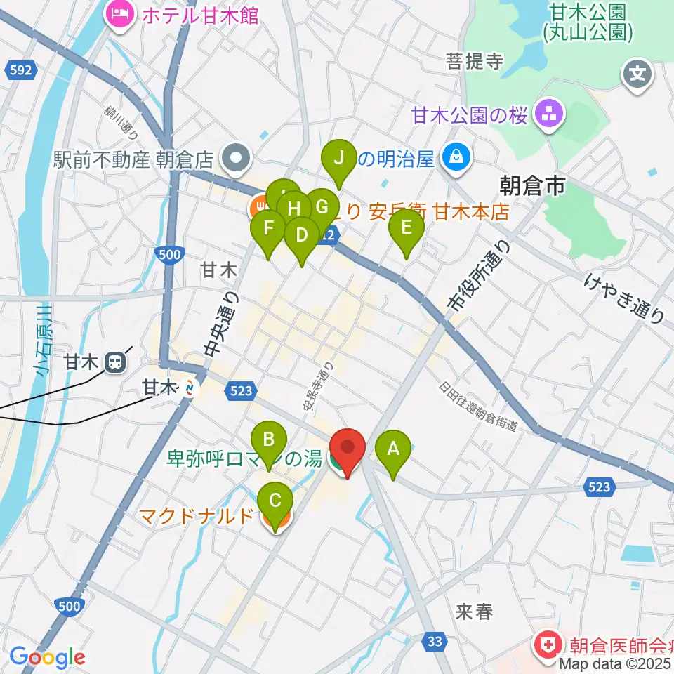 ピーポート甘木（朝倉市総合市民センター）周辺のカフェ一覧地図