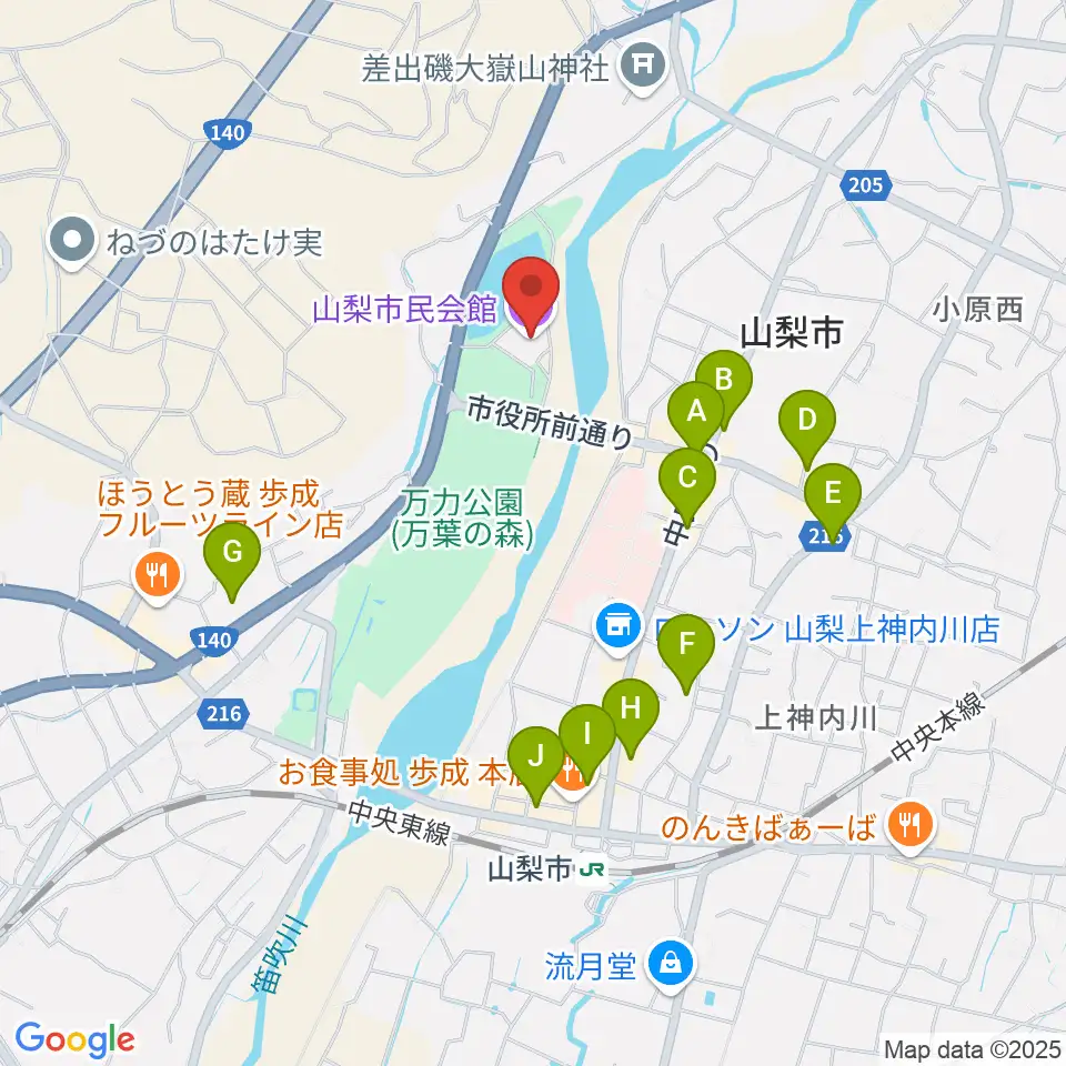 山梨市民会館周辺のカフェ一覧地図