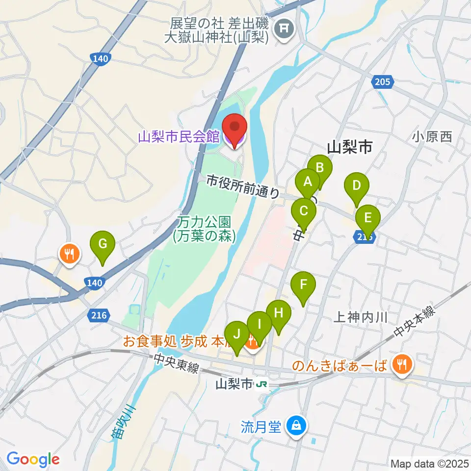 山梨市民会館周辺のカフェ一覧地図