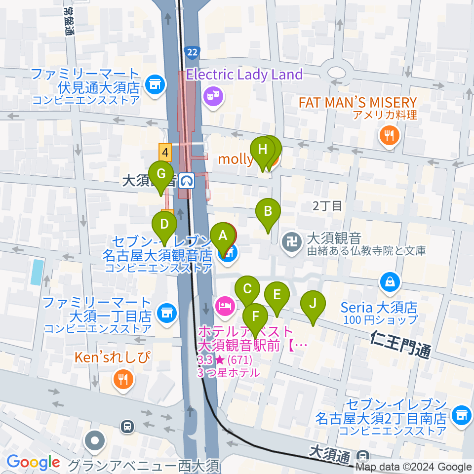 アンリミッツ大須周辺のカフェ一覧地図