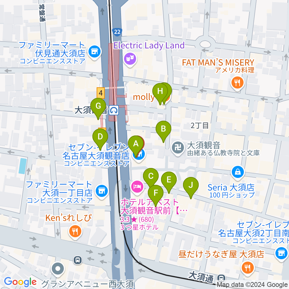 アンリミッツ大須周辺のカフェ一覧地図