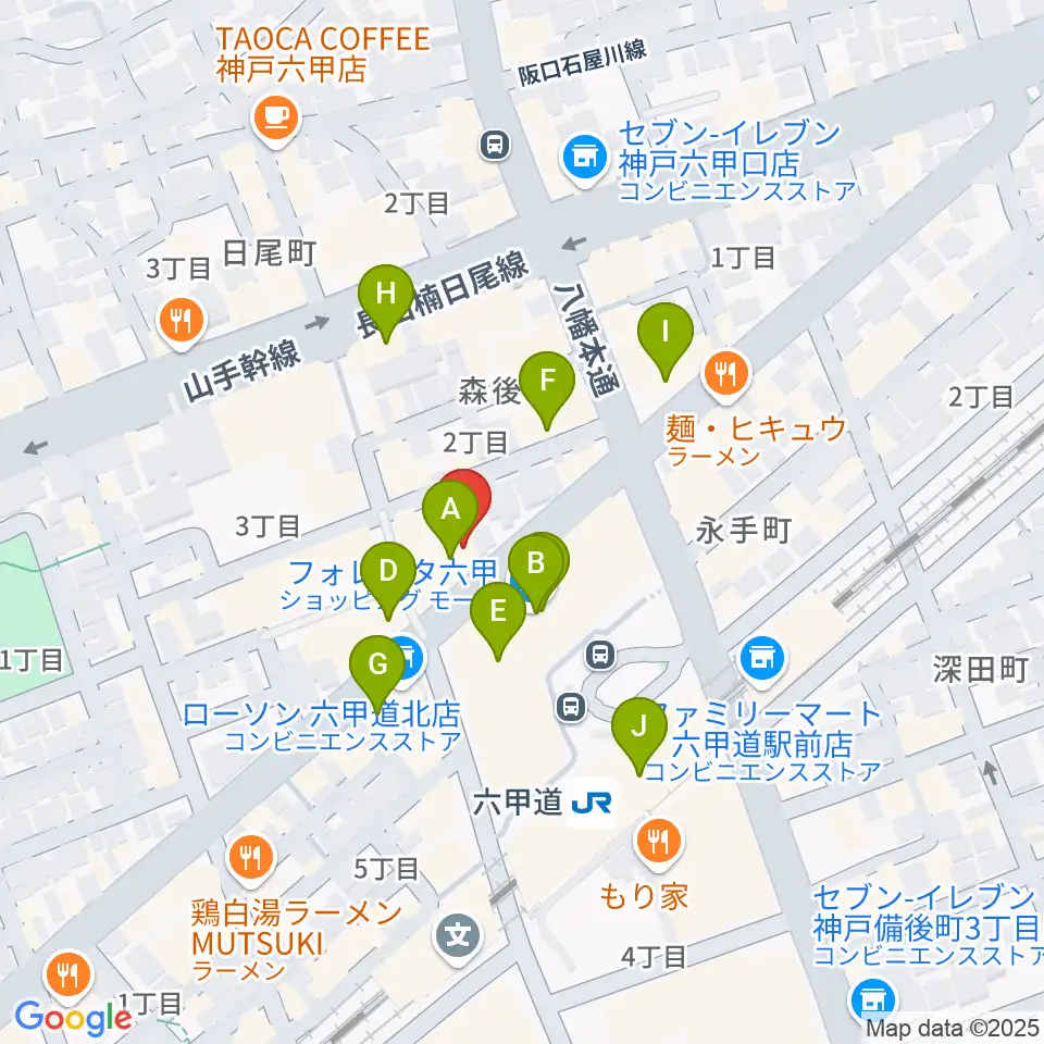 六甲道ミュージックスクール周辺のカフェ一覧地図